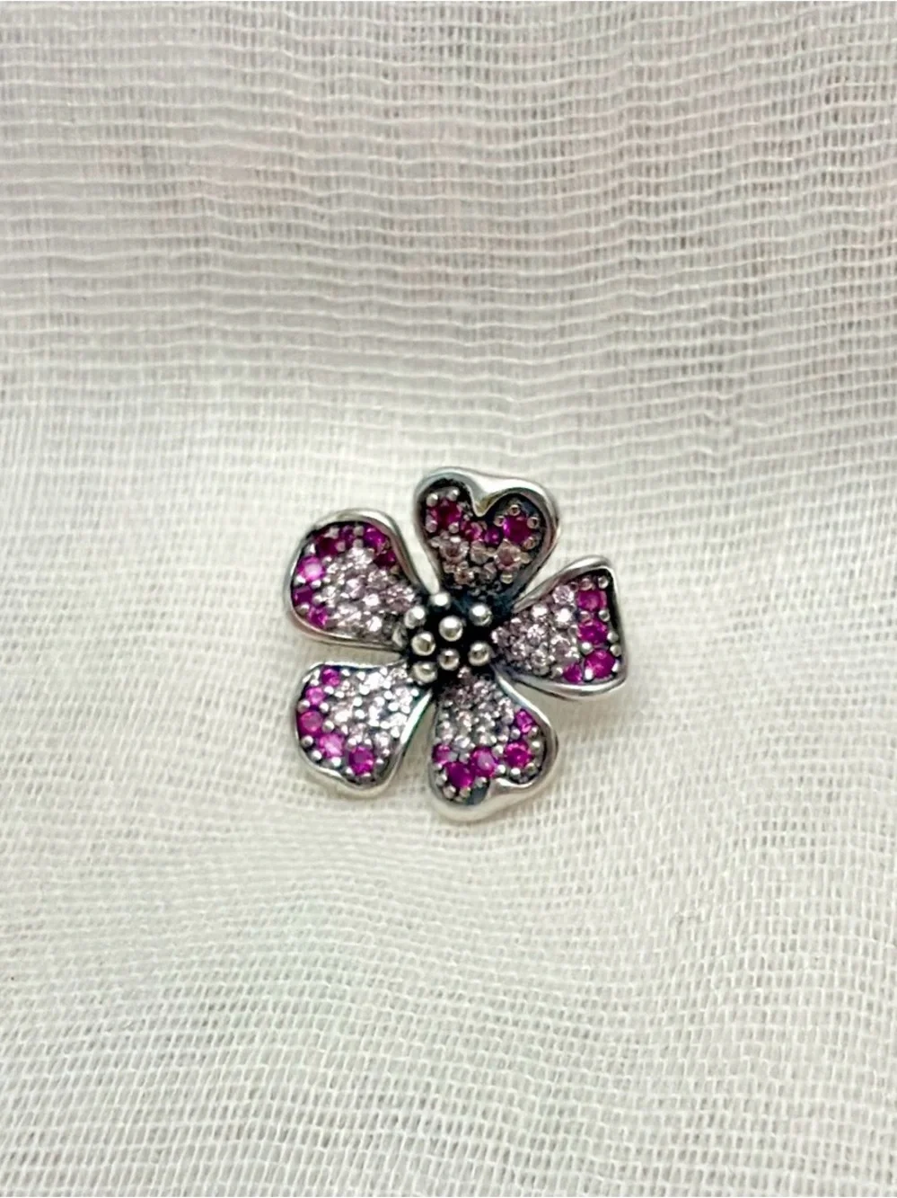 Pink Pavé Peach Blossom Oversized Flower Charm | 925 Sterling Silver, Pink CZs